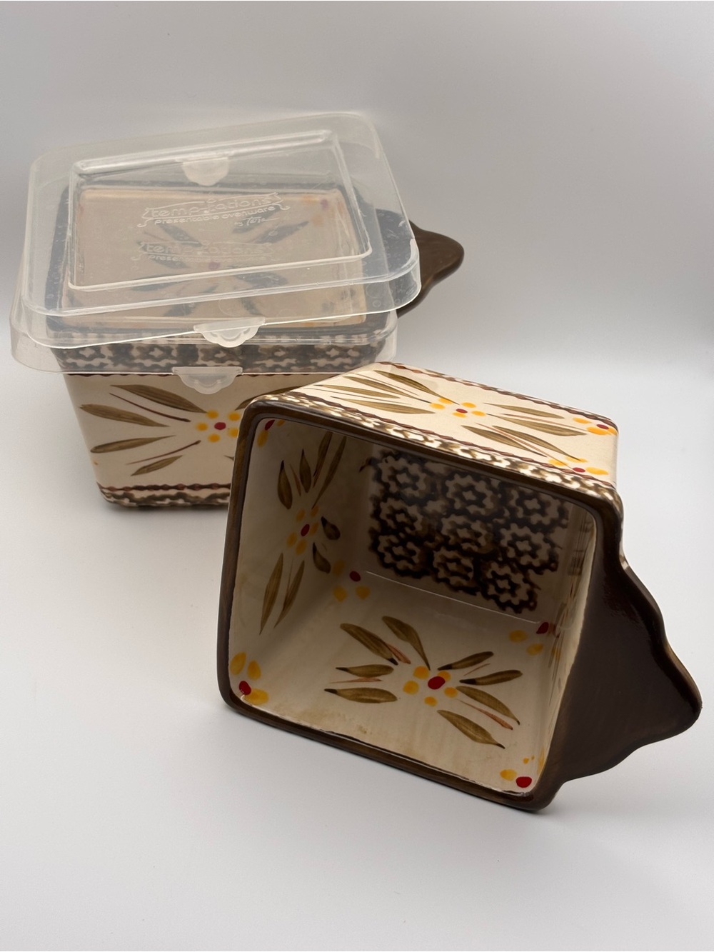 Set of 2 Temptations Ovenware Square Ramekins with Lids in Old World Brown